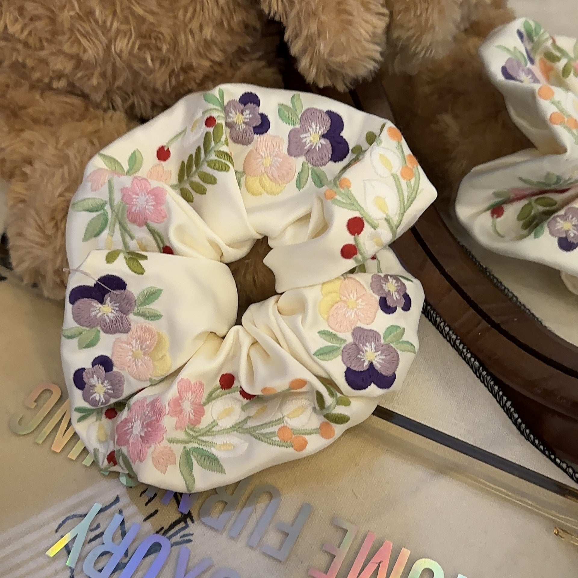 Floral Embroidery Hair Tie Scrunchie